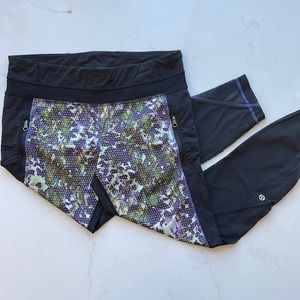 Lululemon pants, multi-color on the front with some mesh, black on the back.
